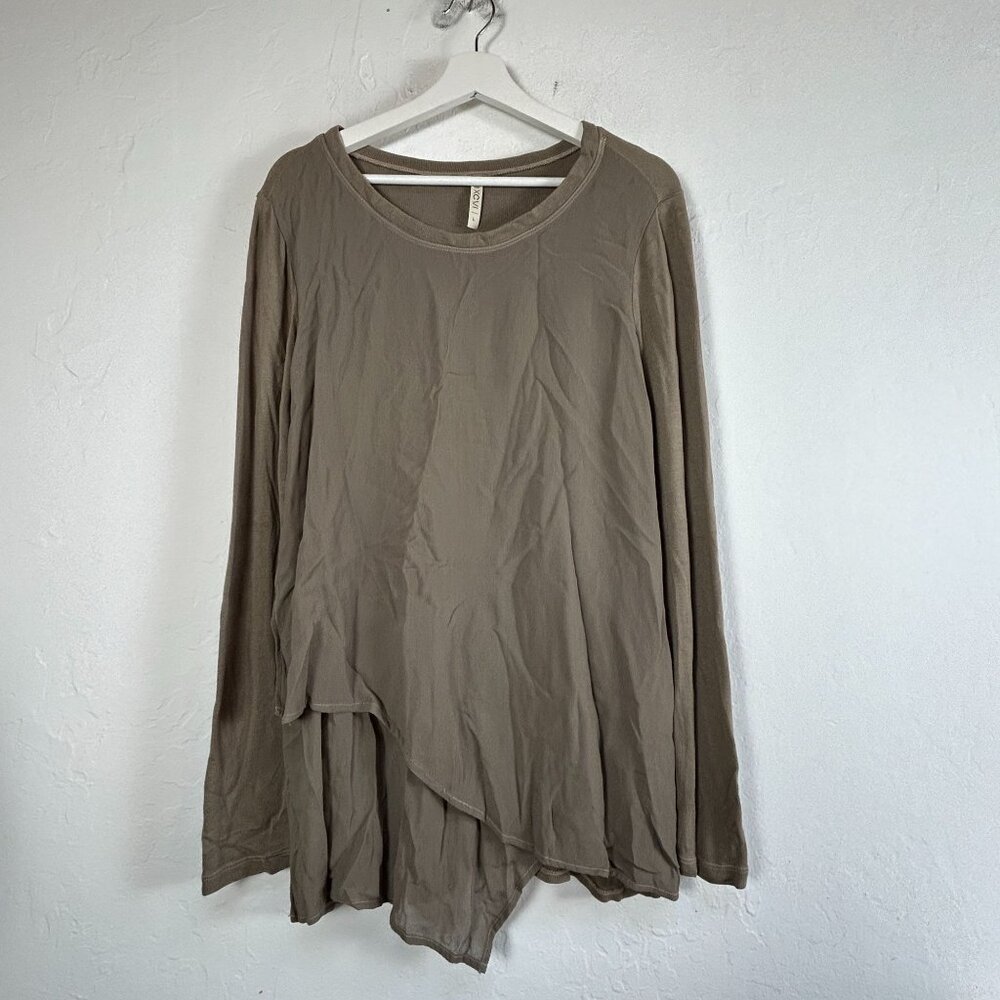 XCVI Womens Long Sleeve Asymmetrical Tunic Top Large Taupe Round Neck Lagenlook